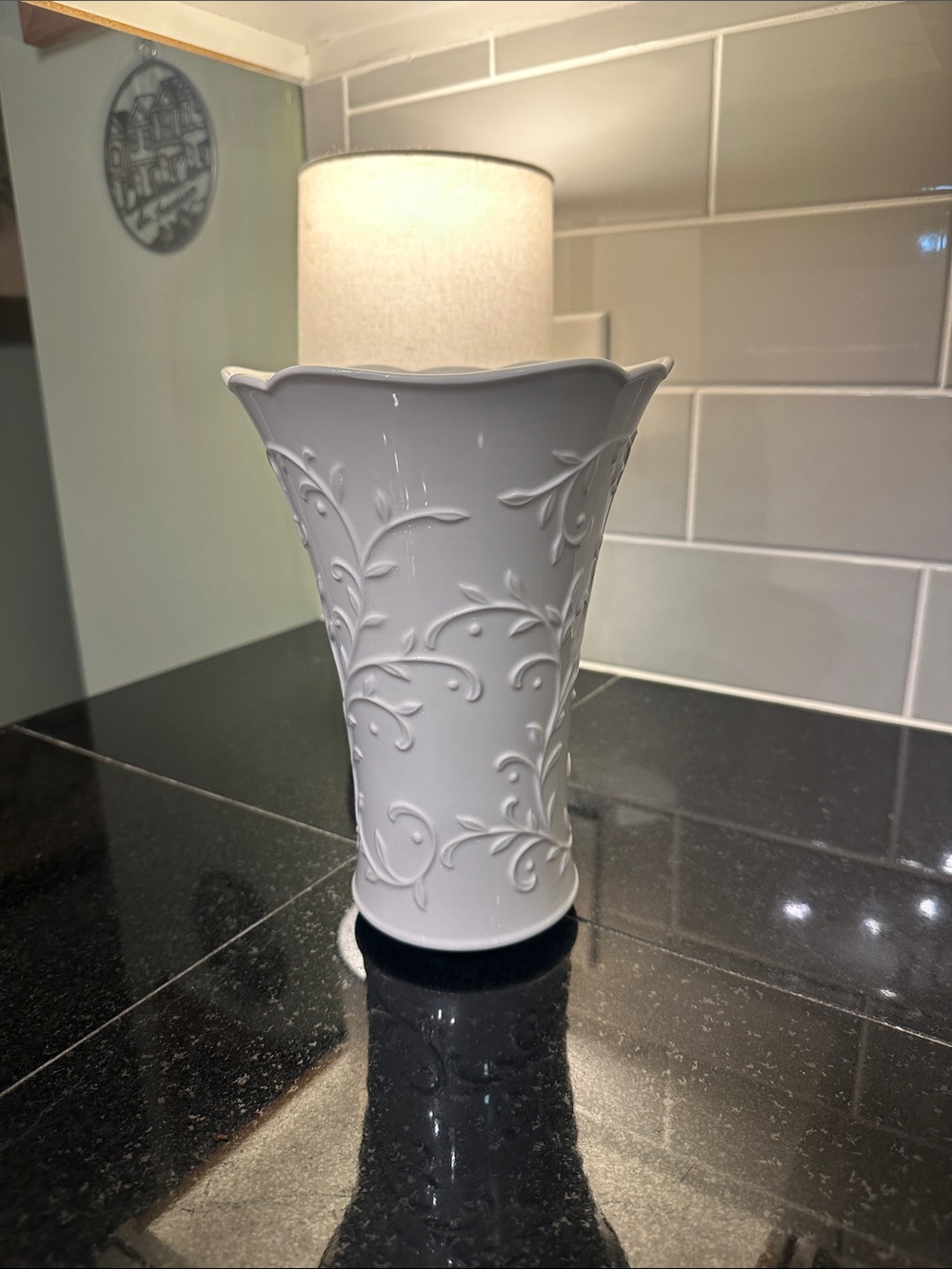 Lenox White (opal Innocence carved) Ceramic Vase with Scrolled Vine Motif